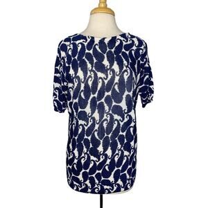 TALBOTS Linen Viscose Blue White Paisley Dolman Sleeve Blouse Size Large Petite